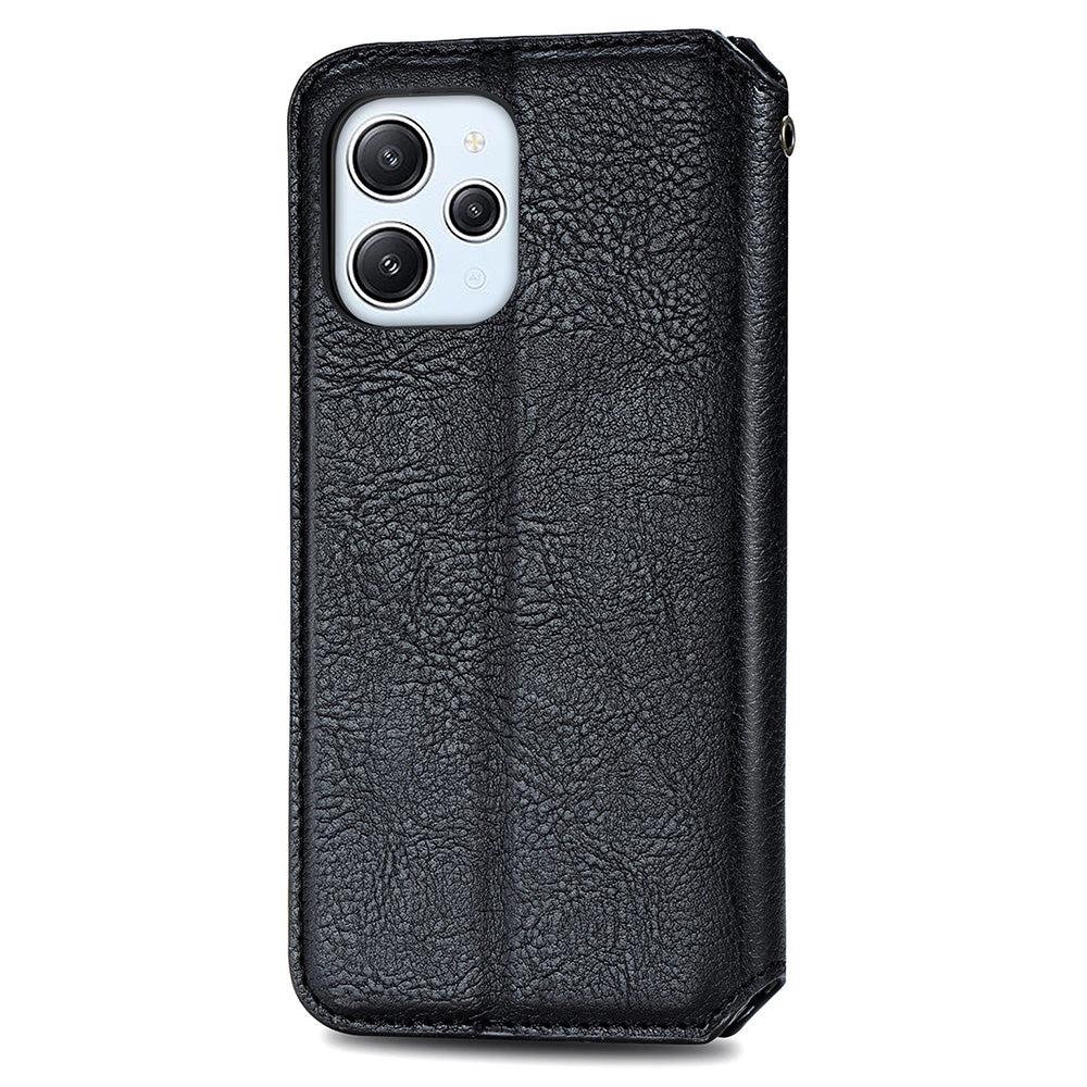Uniqkart for Xiaomi Redmi 12 4G Imprinted Rhombus Leather Wallet Stand Cover Drop Protection Phone Case - Black
