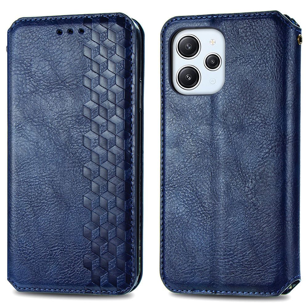Uniqkart for Xiaomi Redmi 12 4G Imprinted Rhombus Leather Wallet Stand Cover Drop Protection Phone Case - Blue