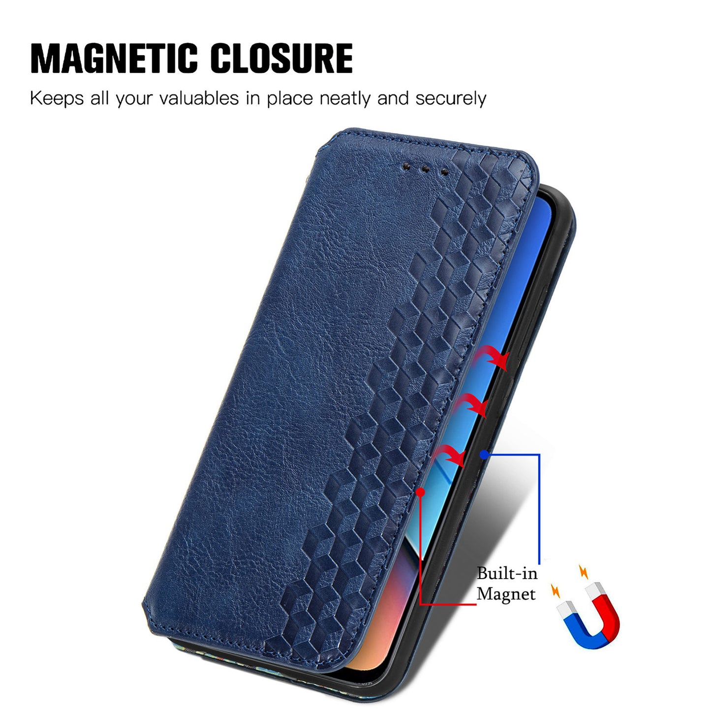Uniqkart for Xiaomi Redmi 12 4G Imprinted Rhombus Leather Wallet Stand Cover Drop Protection Phone Case - Blue