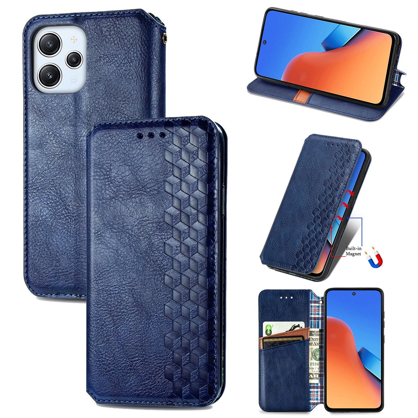 Uniqkart for Xiaomi Redmi 12 4G Imprinted Rhombus Leather Wallet Stand Cover Drop Protection Phone Case - Blue