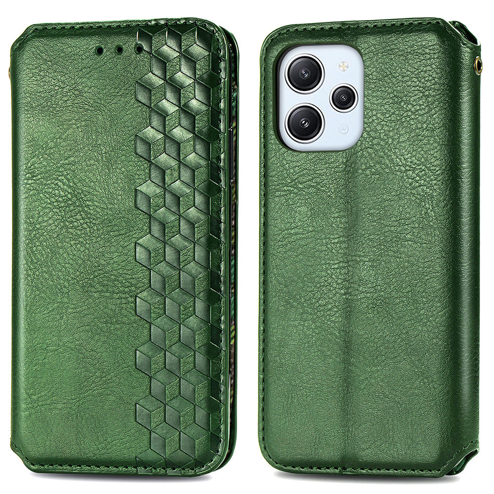 Uniqkart for Xiaomi Redmi 12 4G Imprinted Rhombus Leather Wallet Stand Cover Drop Protection Phone Case - Green