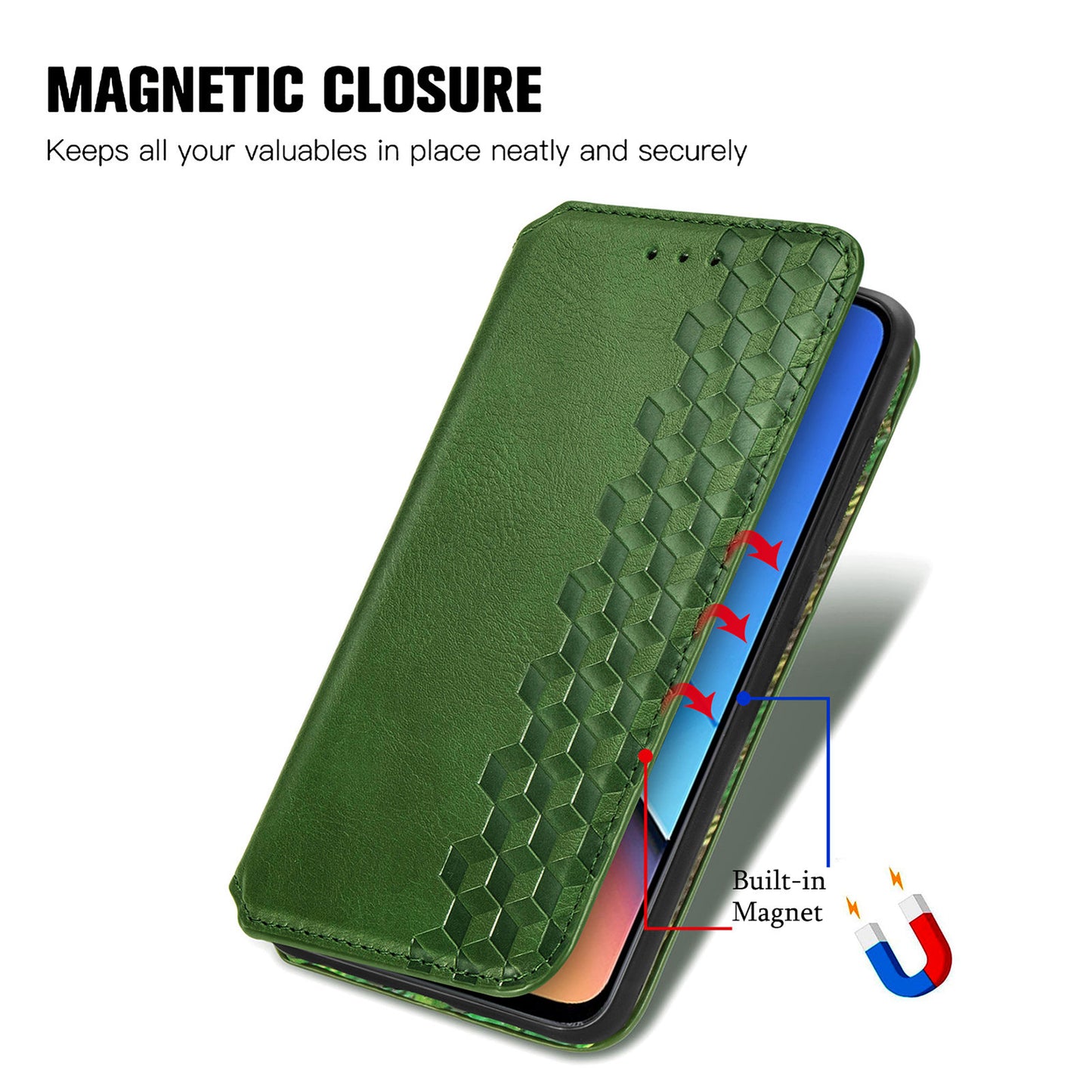 Uniqkart for Xiaomi Redmi 12 4G Imprinted Rhombus Leather Wallet Stand Cover Drop Protection Phone Case - Green