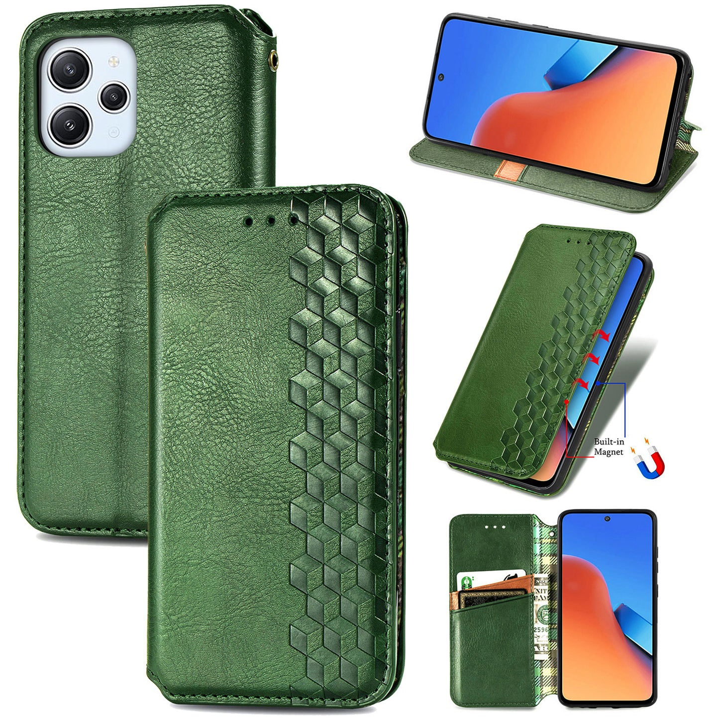 Uniqkart for Xiaomi Redmi 12 4G Imprinted Rhombus Leather Wallet Stand Cover Drop Protection Phone Case - Green