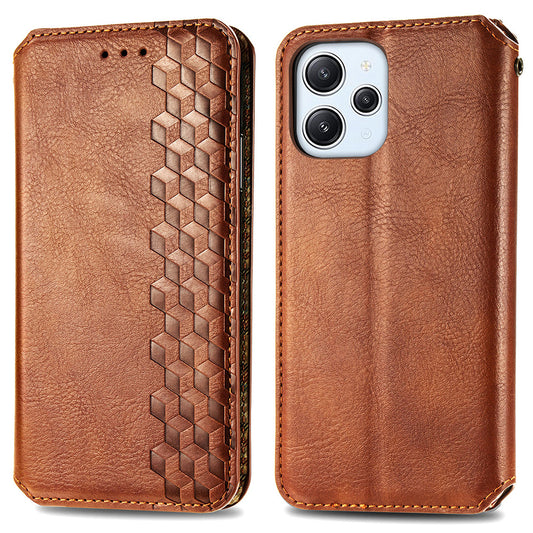 Uniqkart for Xiaomi Redmi 12 4G Imprinted Rhombus Leather Wallet Stand Cover Drop Protection Phone Case - Brown