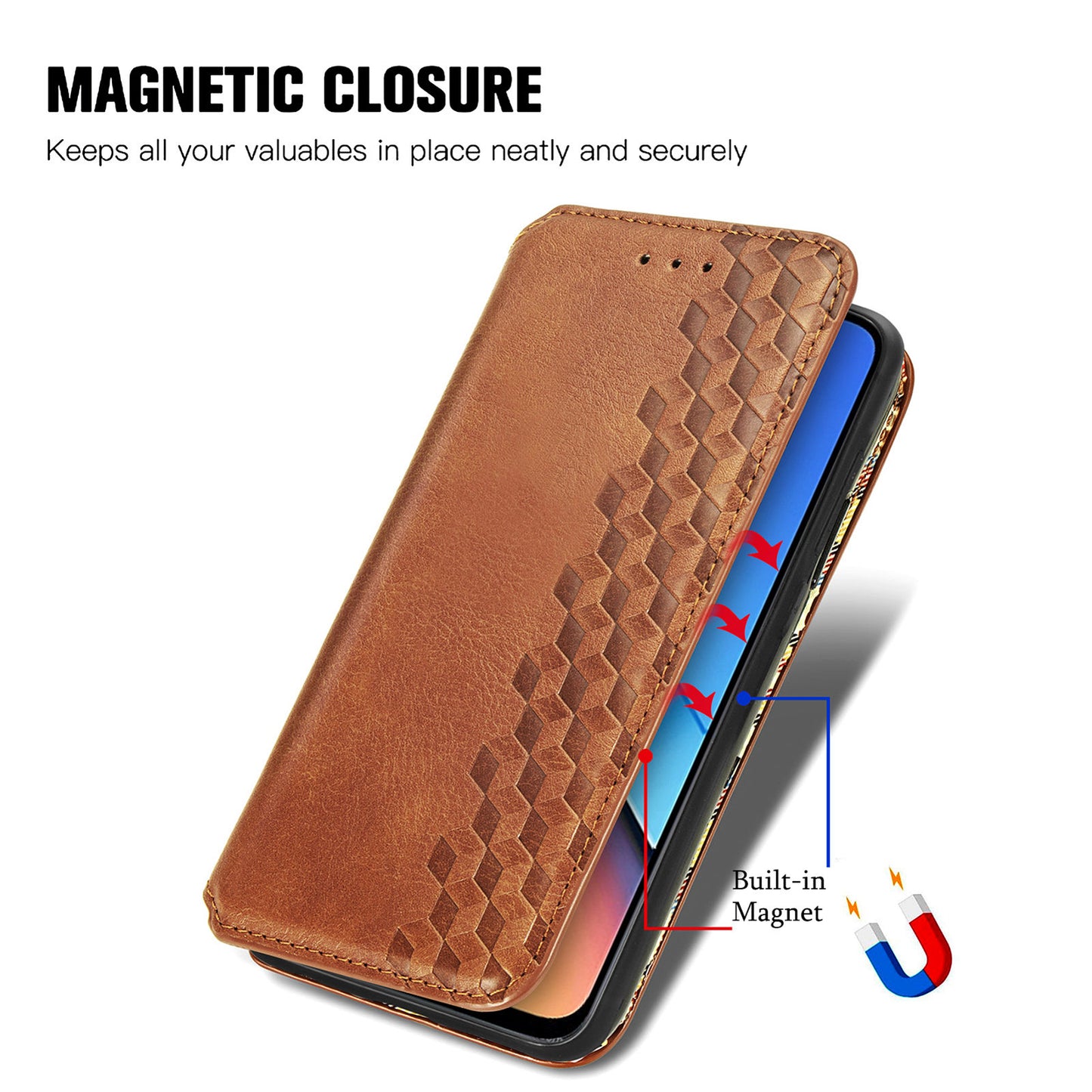 Uniqkart for Xiaomi Redmi 12 4G Imprinted Rhombus Leather Wallet Stand Cover Drop Protection Phone Case - Brown