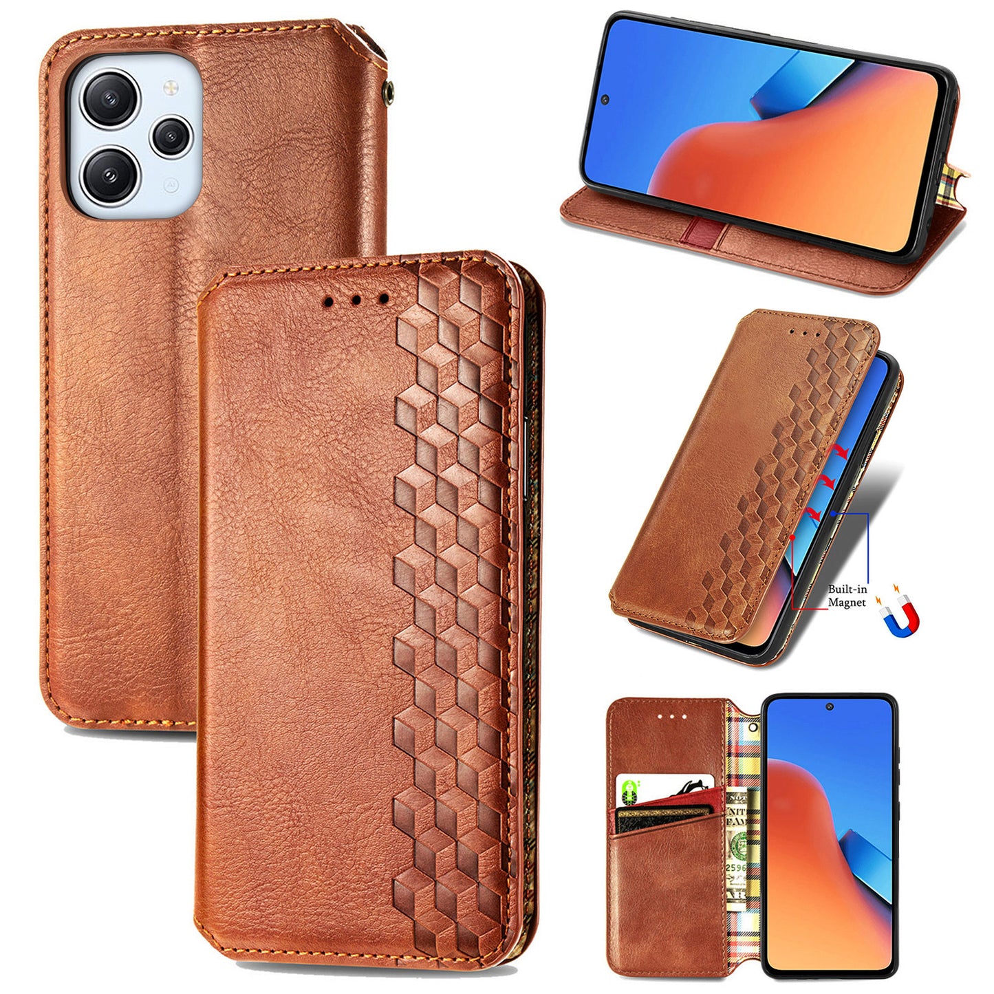 Uniqkart for Xiaomi Redmi 12 4G Imprinted Rhombus Leather Wallet Stand Cover Drop Protection Phone Case - Brown