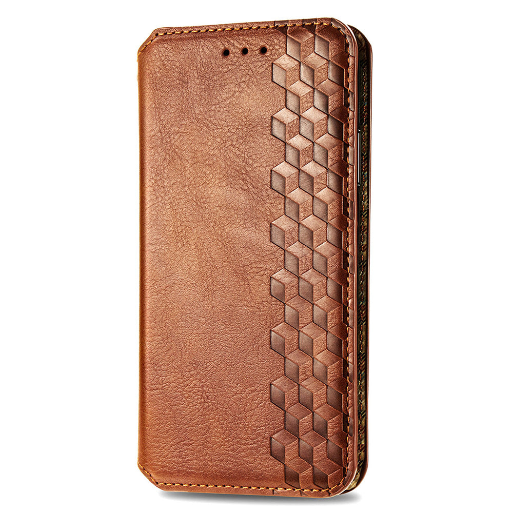 Uniqkart for Xiaomi Redmi 12 4G Imprinted Rhombus Leather Wallet Stand Cover Drop Protection Phone Case - Brown