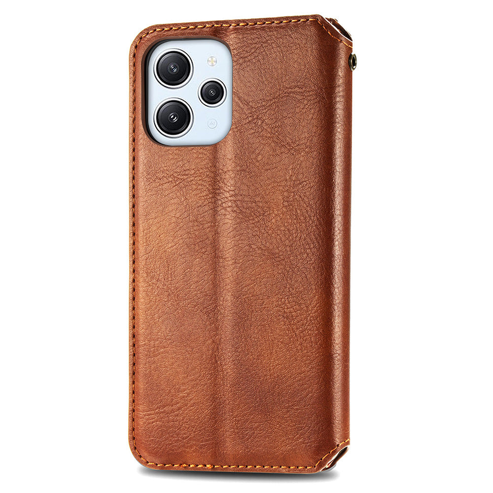 Uniqkart for Xiaomi Redmi 12 4G Imprinted Rhombus Leather Wallet Stand Cover Drop Protection Phone Case - Brown