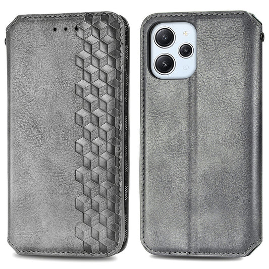 Uniqkart for Xiaomi Redmi 12 4G Imprinted Rhombus Leather Wallet Stand Cover Drop Protection Phone Case - Grey