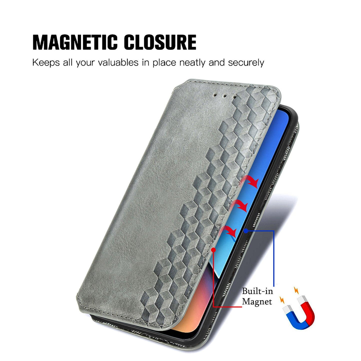 Uniqkart for Xiaomi Redmi 12 4G Imprinted Rhombus Leather Wallet Stand Cover Drop Protection Phone Case - Grey