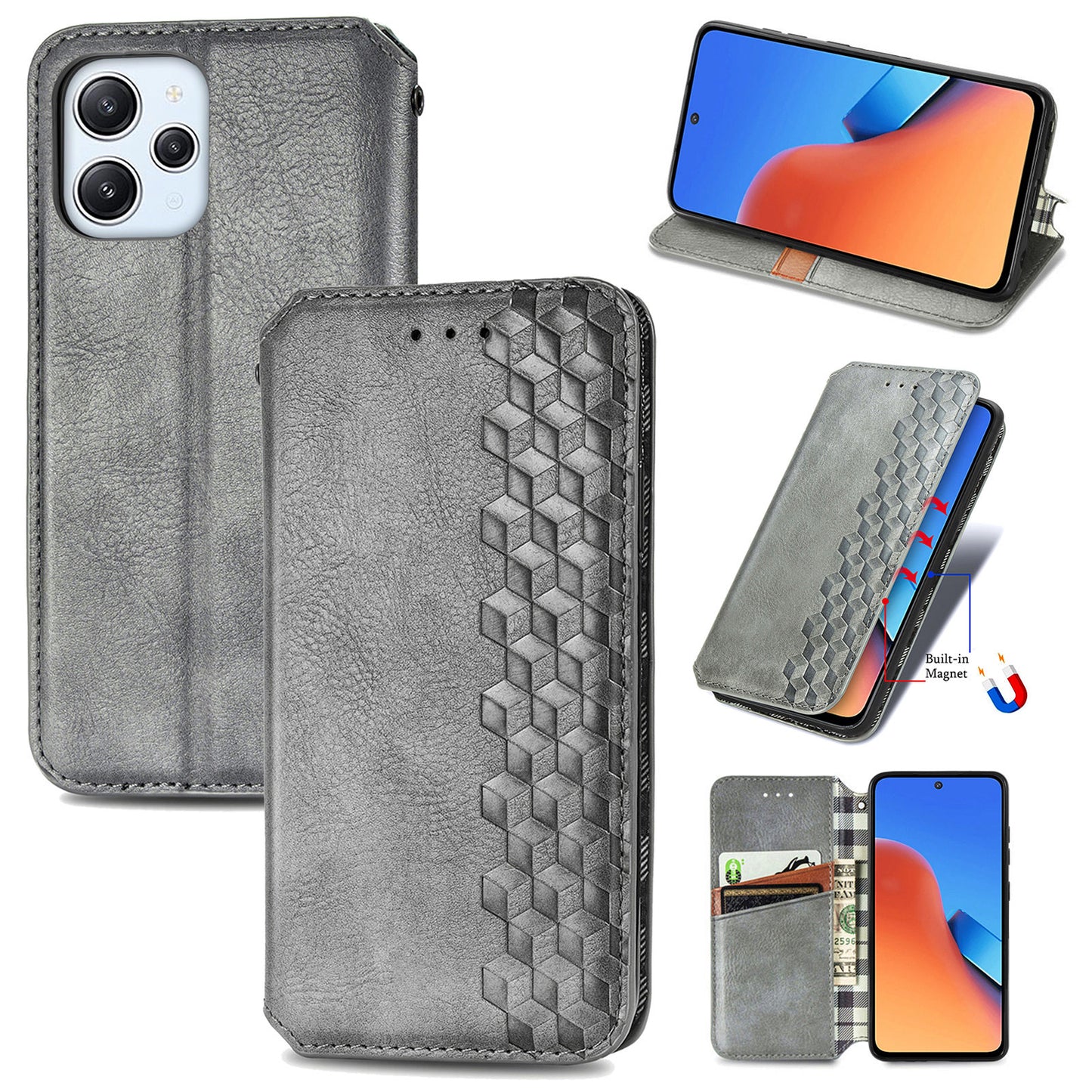 Uniqkart for Xiaomi Redmi 12 4G Imprinted Rhombus Leather Wallet Stand Cover Drop Protection Phone Case - Grey