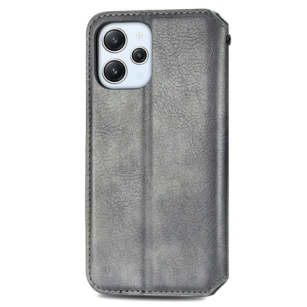 Uniqkart for Xiaomi Redmi 12 4G Imprinted Rhombus Leather Wallet Stand Cover Drop Protection Phone Case - Grey