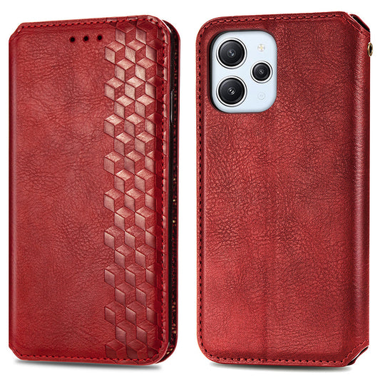 Uniqkart for Xiaomi Redmi 12 4G Imprinted Rhombus Leather Wallet Stand Cover Drop Protection Phone Case - Red