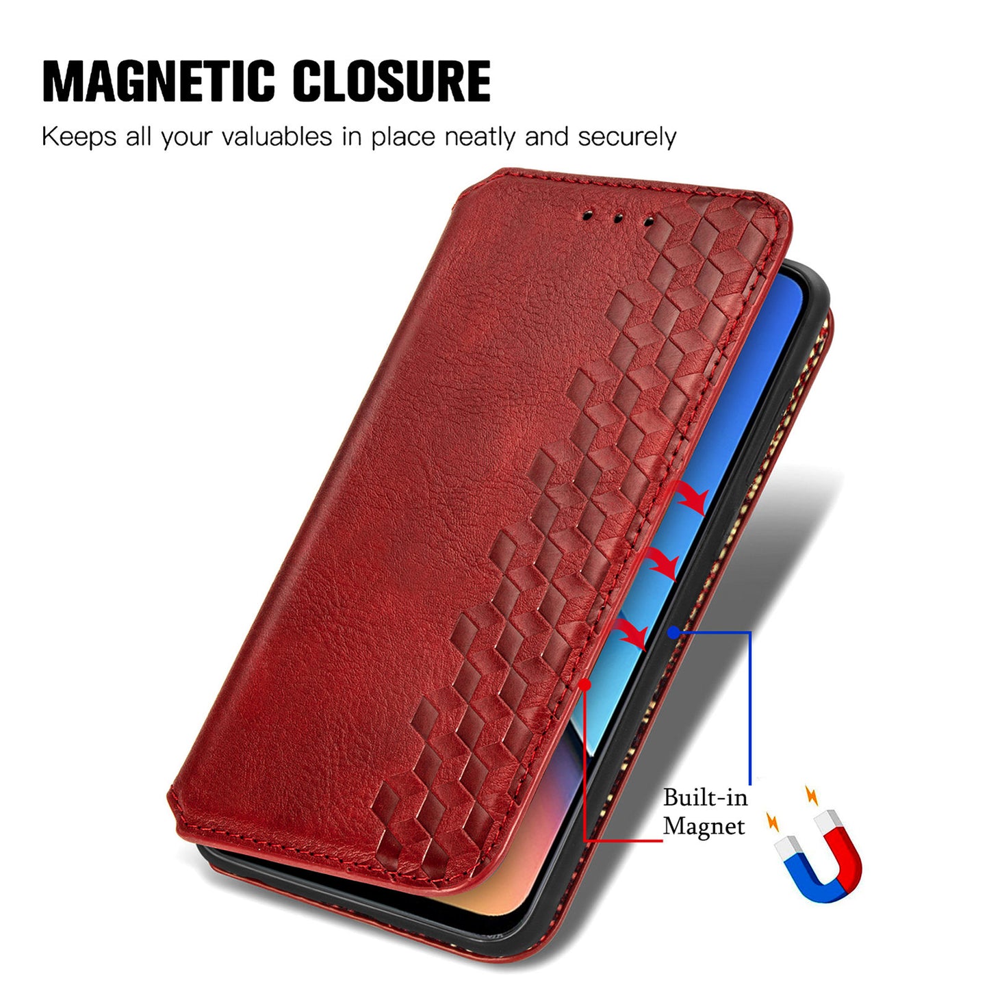 Uniqkart for Xiaomi Redmi 12 4G Imprinted Rhombus Leather Wallet Stand Cover Drop Protection Phone Case - Red