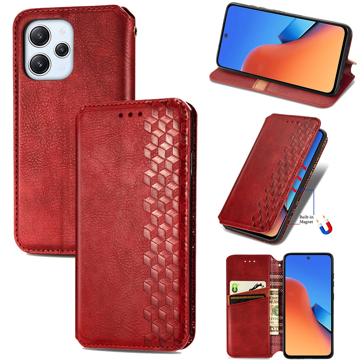 Uniqkart for Xiaomi Redmi 12 4G Imprinted Rhombus Leather Wallet Stand Cover Drop Protection Phone Case - Red