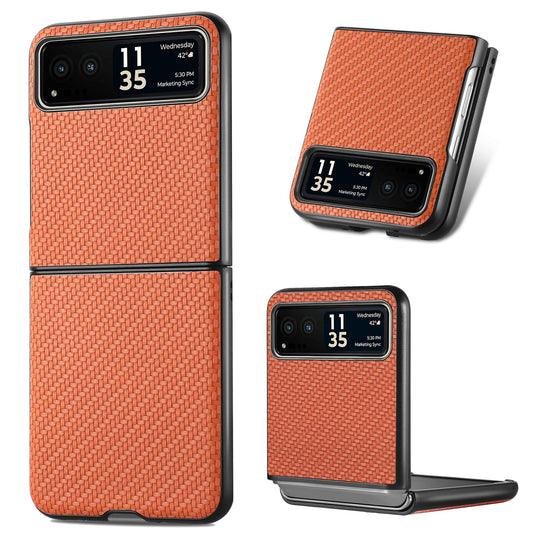 Uniqkart for Motorola Razr 40 5G Phone Case Carbon Fiber Texture PU Leather+PC Phone Cover - Brown