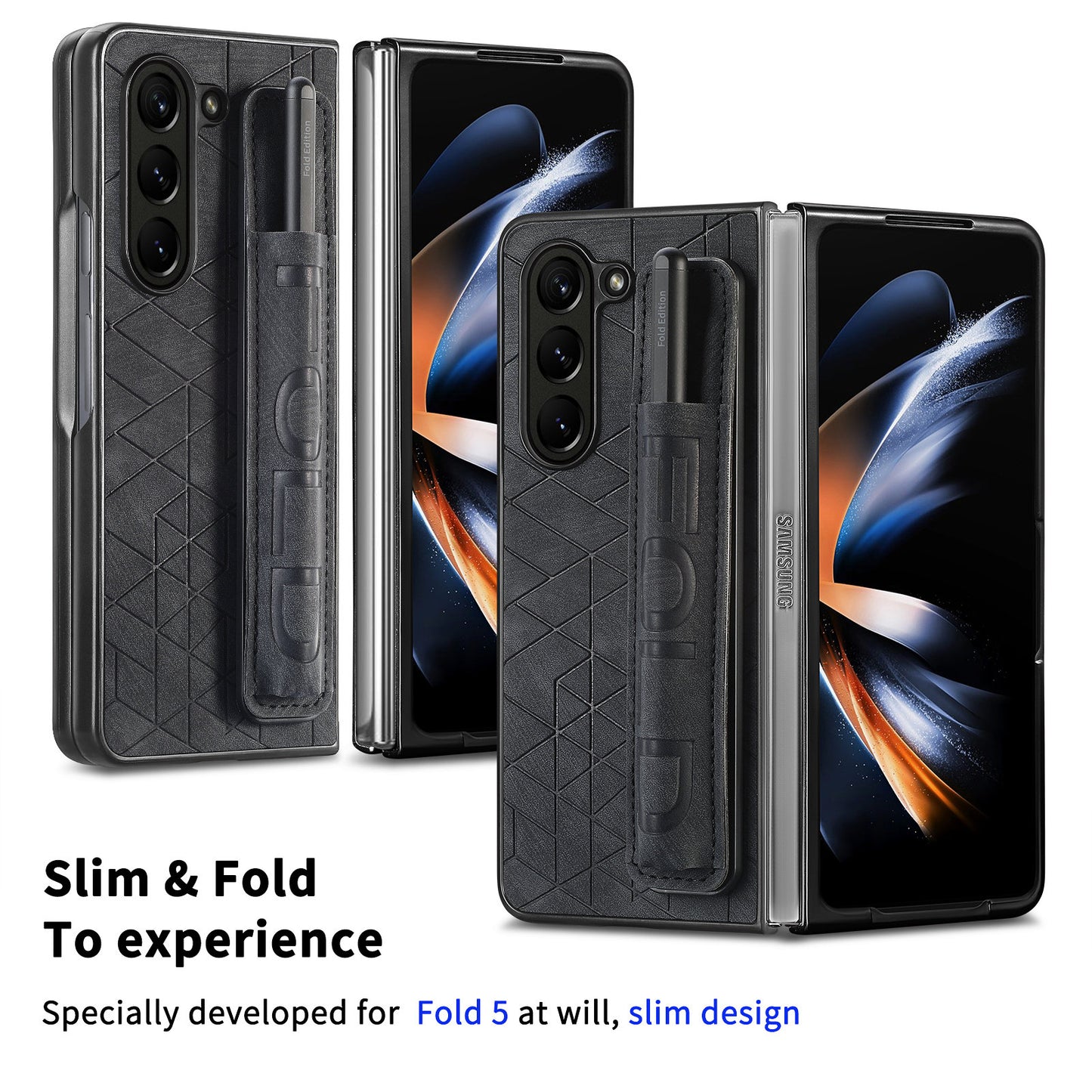 Uniqkart for Samsung Galaxy Z Fold5 5G Phone Case PU Leather+PC Phone Cover with Hand Strap, Pencil Slot - Black