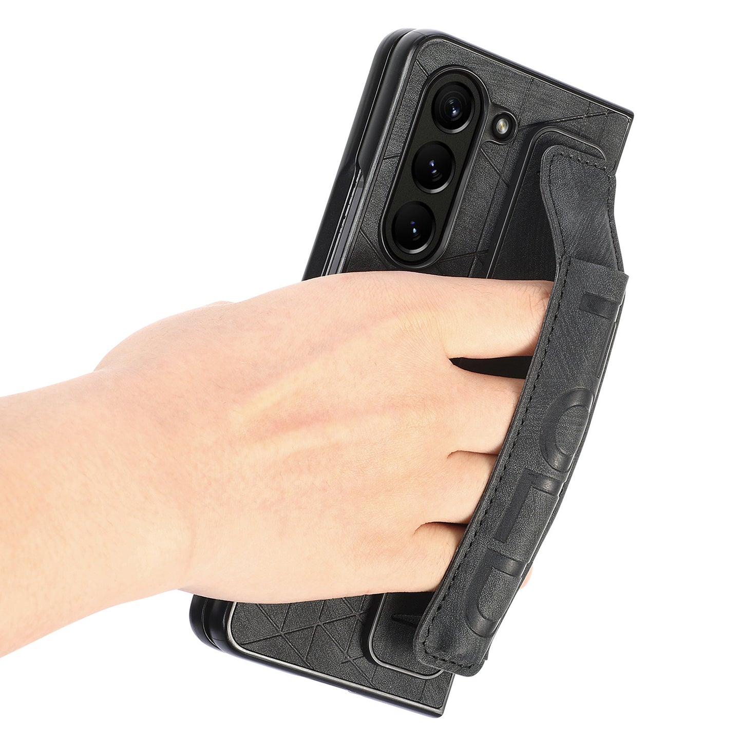 Uniqkart for Samsung Galaxy Z Fold5 5G Phone Case PU Leather+PC Phone Cover with Hand Strap, Pencil Slot - Black