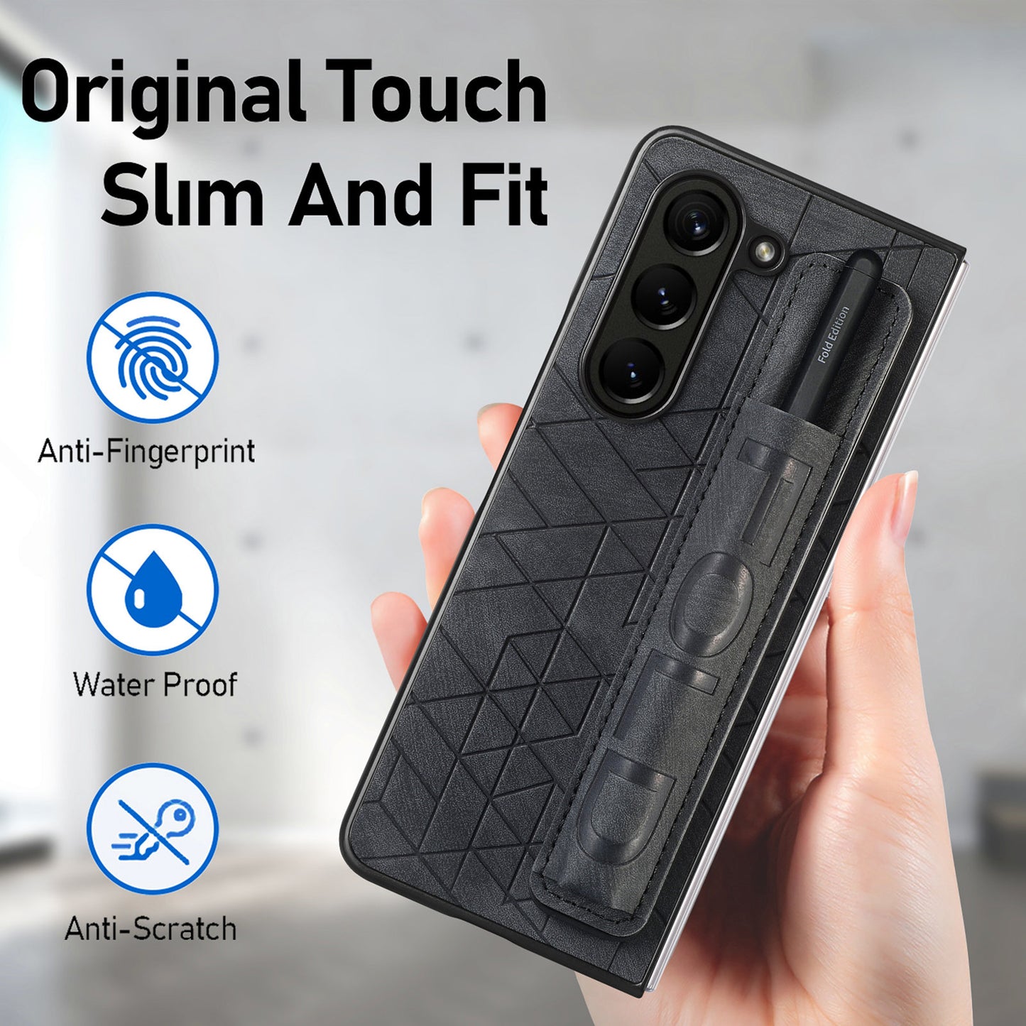 Uniqkart for Samsung Galaxy Z Fold5 5G Phone Case PU Leather+PC Phone Cover with Hand Strap, Pencil Slot - Black