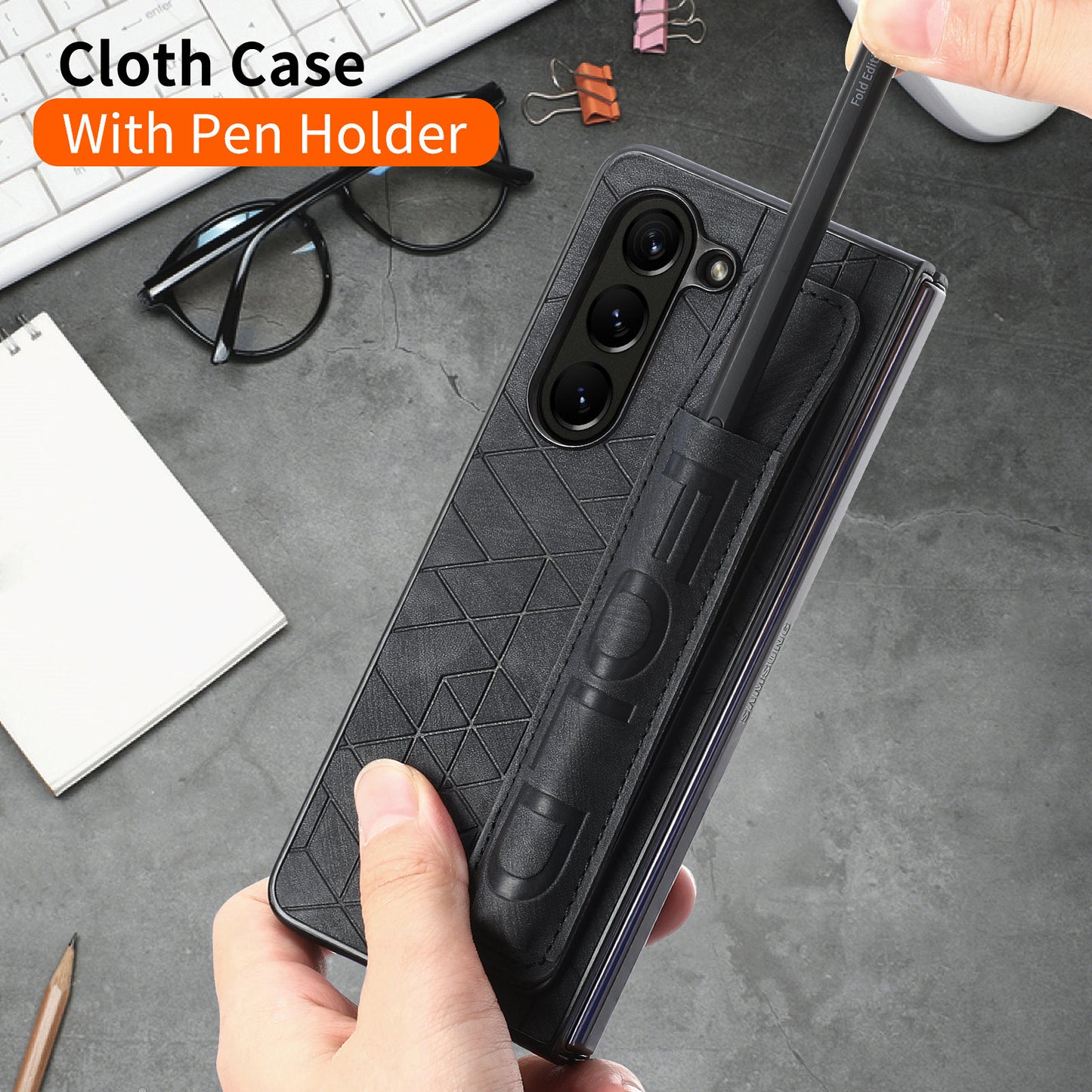 Uniqkart for Samsung Galaxy Z Fold5 5G Phone Case PU Leather+PC Phone Cover with Hand Strap, Pencil Slot - Black