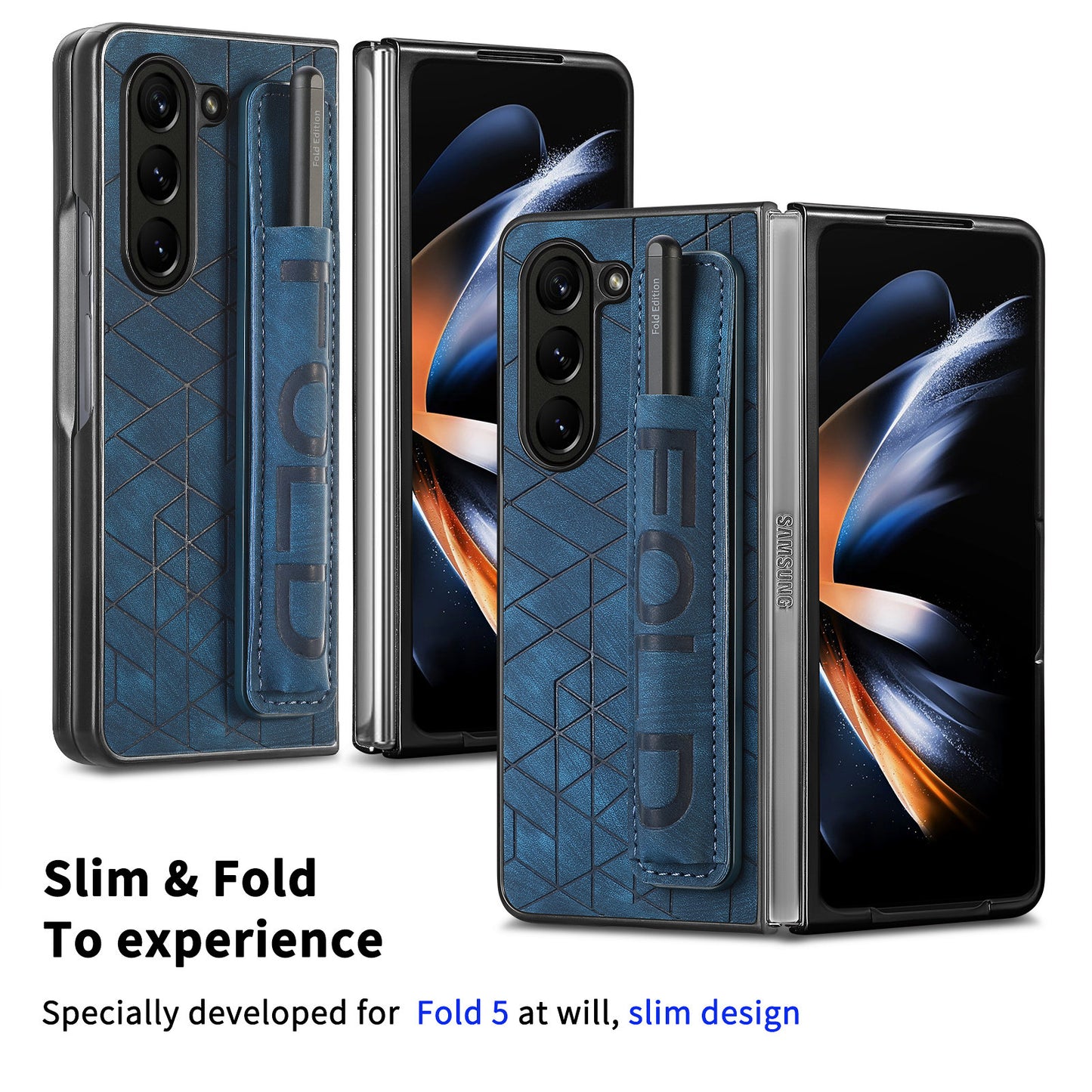 Uniqkart for Samsung Galaxy Z Fold5 5G Phone Case PU Leather+PC Phone Cover with Hand Strap, Pencil Slot - Blue