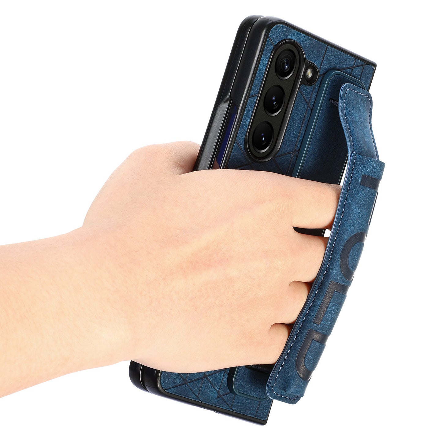 Uniqkart for Samsung Galaxy Z Fold5 5G Phone Case PU Leather+PC Phone Cover with Hand Strap, Pencil Slot - Blue