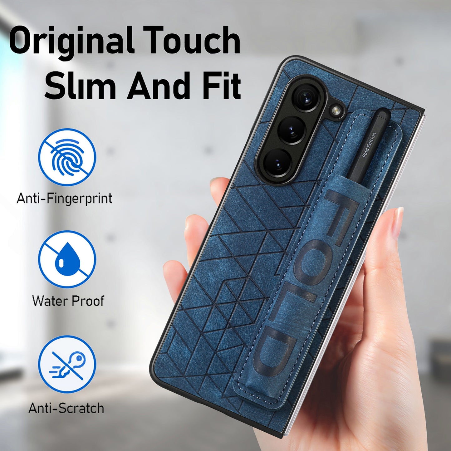 Uniqkart for Samsung Galaxy Z Fold5 5G Phone Case PU Leather+PC Phone Cover with Hand Strap, Pencil Slot - Blue