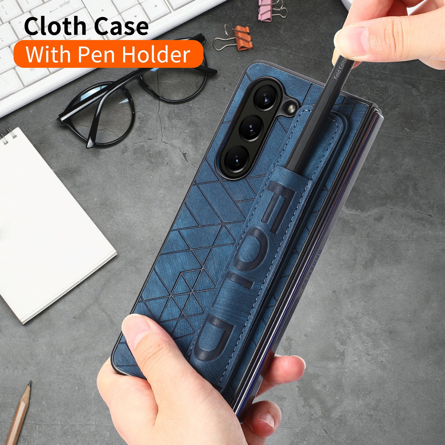 Uniqkart for Samsung Galaxy Z Fold5 5G Phone Case PU Leather+PC Phone Cover with Hand Strap, Pencil Slot - Blue