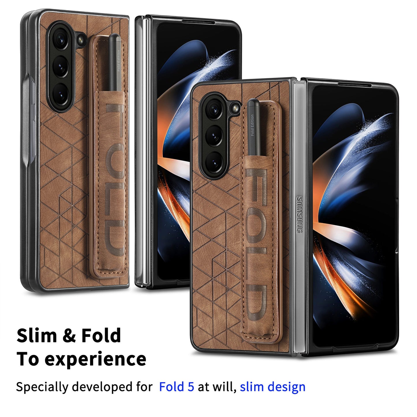Uniqkart for Samsung Galaxy Z Fold5 5G Phone Case PU Leather+PC Phone Cover with Hand Strap, Pencil Slot - Brown