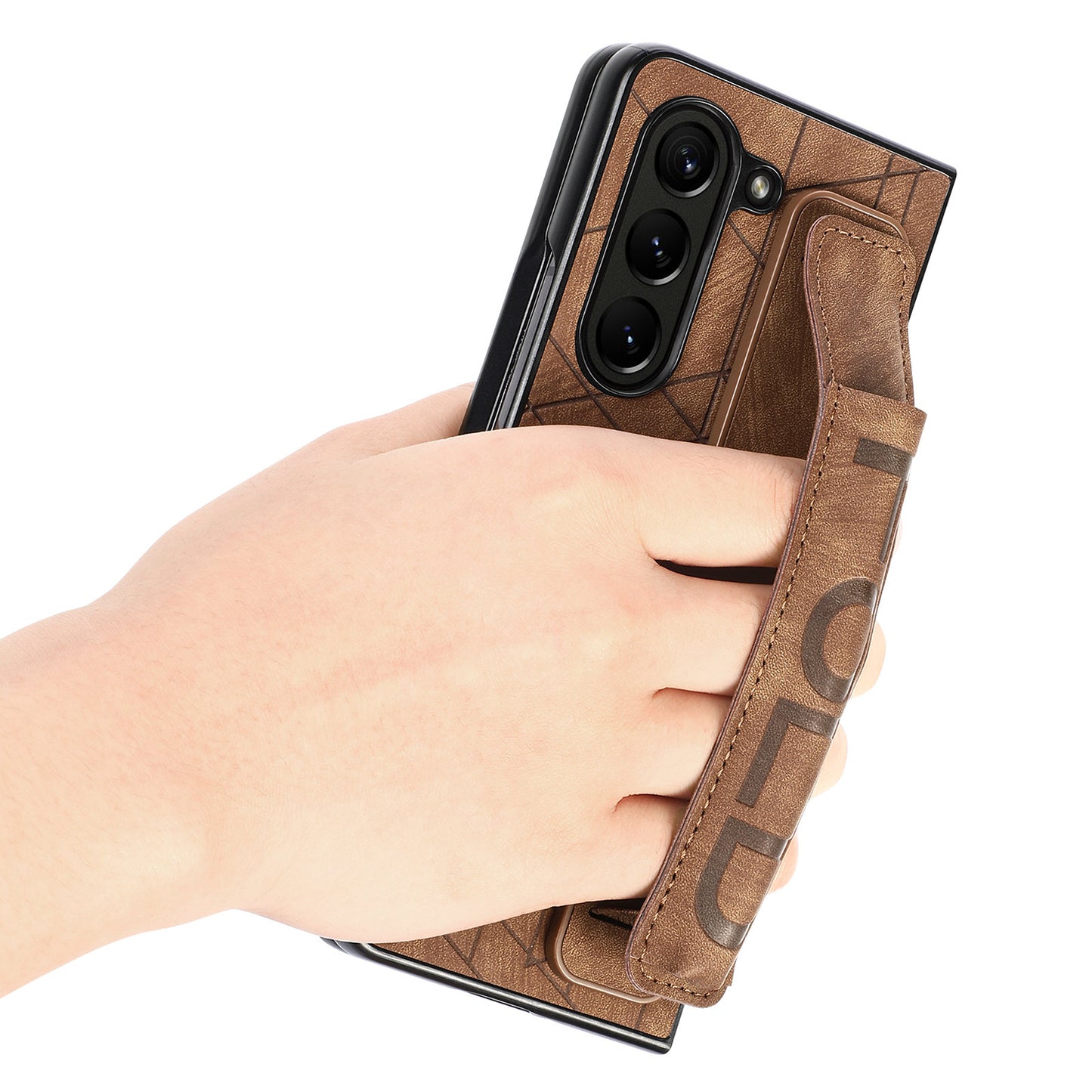 Uniqkart for Samsung Galaxy Z Fold5 5G Phone Case PU Leather+PC Phone Cover with Hand Strap, Pencil Slot - Brown