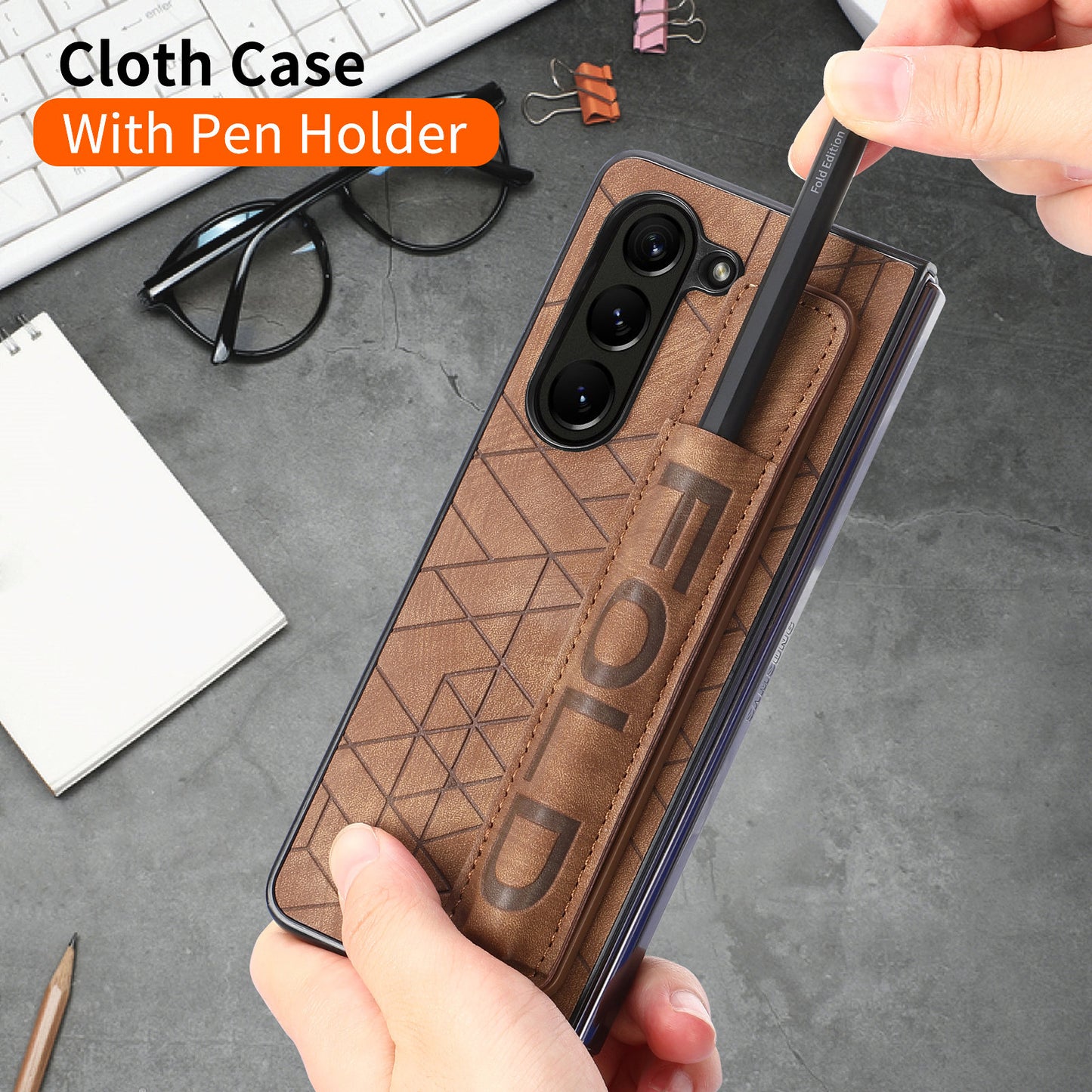 Uniqkart for Samsung Galaxy Z Fold5 5G Phone Case PU Leather+PC Phone Cover with Hand Strap, Pencil Slot - Brown