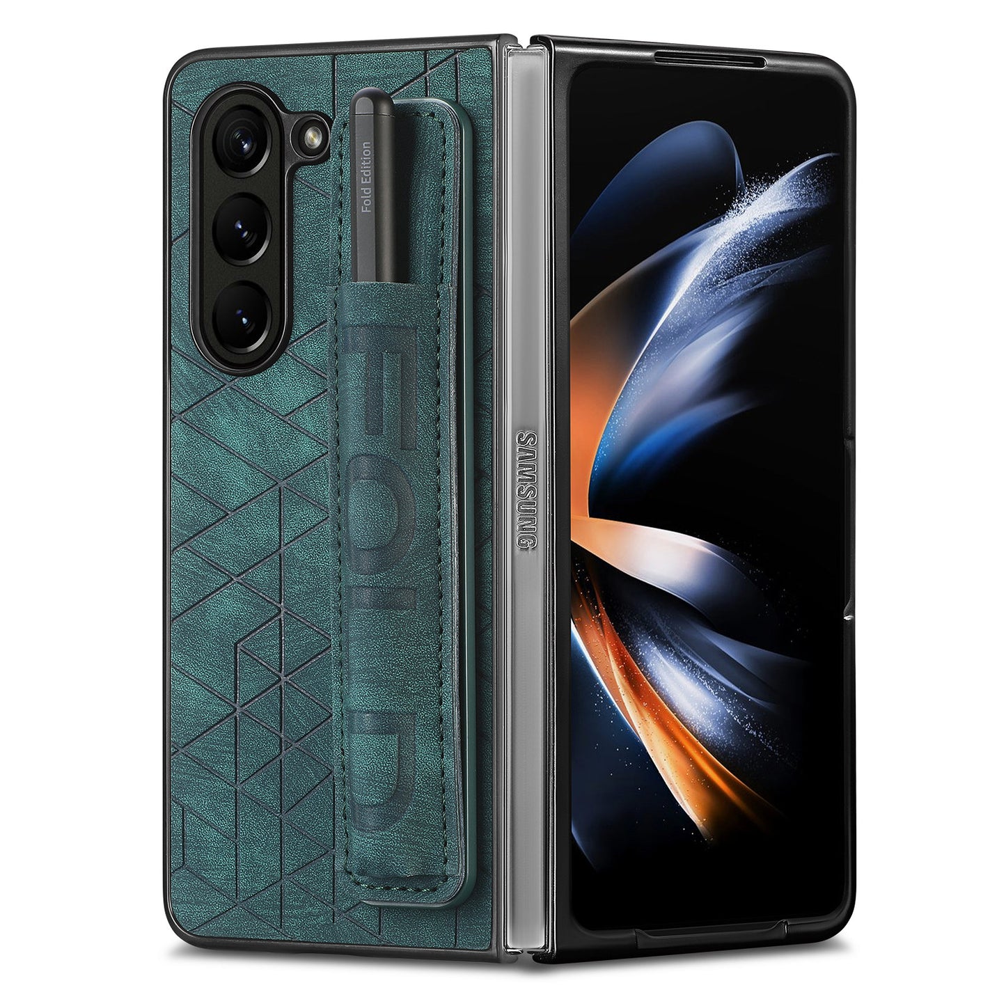 Uniqkart for Samsung Galaxy Z Fold5 5G Phone Case PU Leather+PC Phone Cover with Hand Strap, Pencil Slot - Green