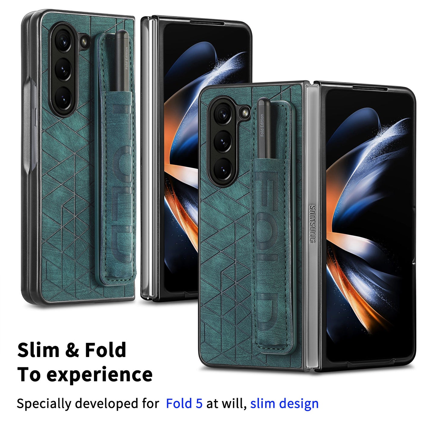 Uniqkart for Samsung Galaxy Z Fold5 5G Phone Case PU Leather+PC Phone Cover with Hand Strap, Pencil Slot - Green
