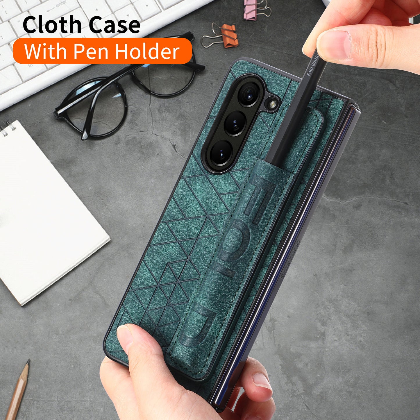 Uniqkart for Samsung Galaxy Z Fold5 5G Phone Case PU Leather+PC Phone Cover with Hand Strap, Pencil Slot - Green