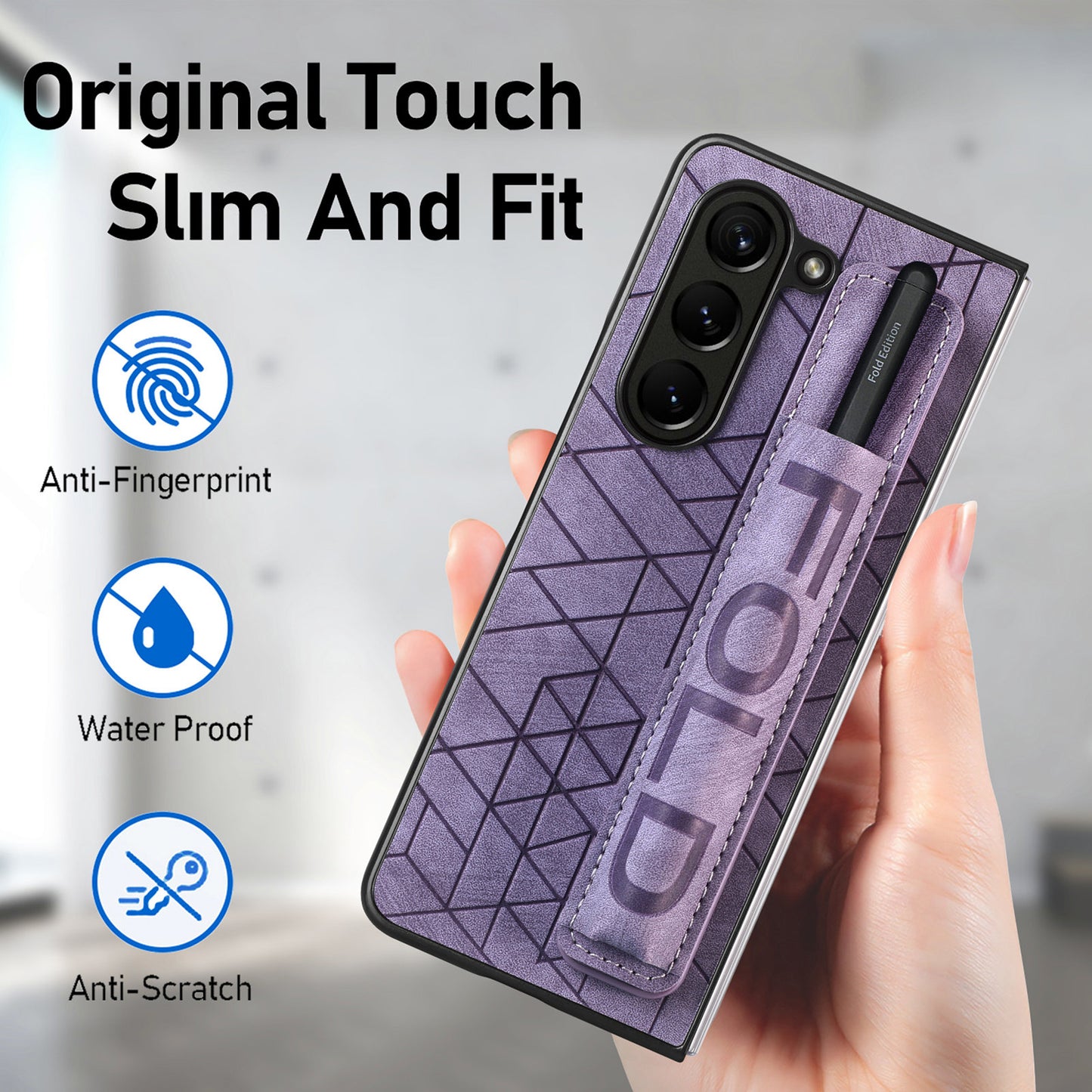 Uniqkart for Samsung Galaxy Z Fold5 5G Phone Case PU Leather+PC Phone Cover with Hand Strap, Pencil Slot - Purple