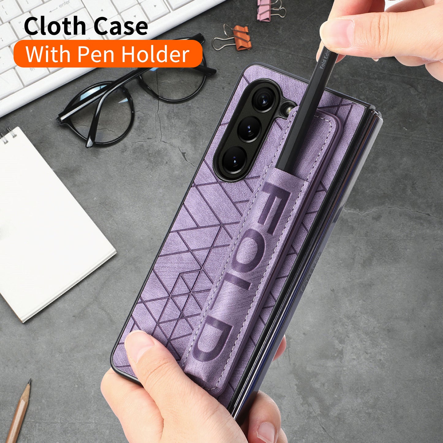 Uniqkart for Samsung Galaxy Z Fold5 5G Phone Case PU Leather+PC Phone Cover with Hand Strap, Pencil Slot - Purple