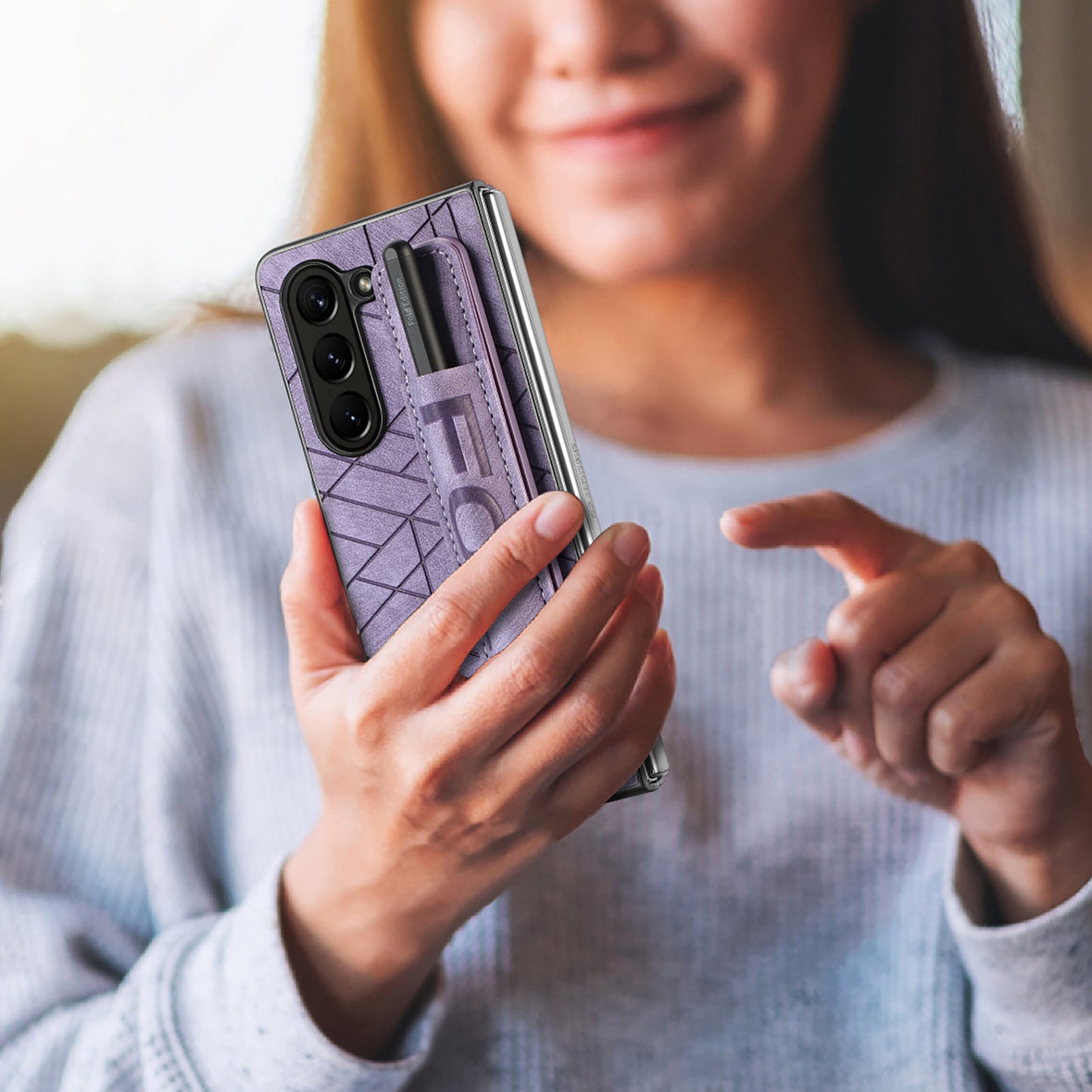 Uniqkart for Samsung Galaxy Z Fold5 5G Phone Case PU Leather+PC Phone Cover with Hand Strap, Pencil Slot - Purple