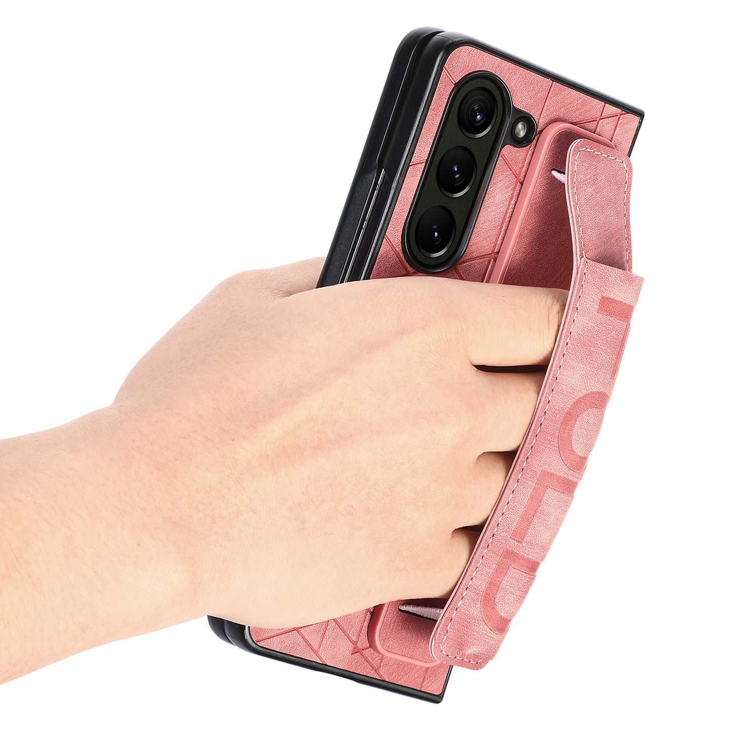 Uniqkart for Samsung Galaxy Z Fold5 5G Phone Case PU Leather+PC Phone Cover with Hand Strap, Pencil Slot - Pink