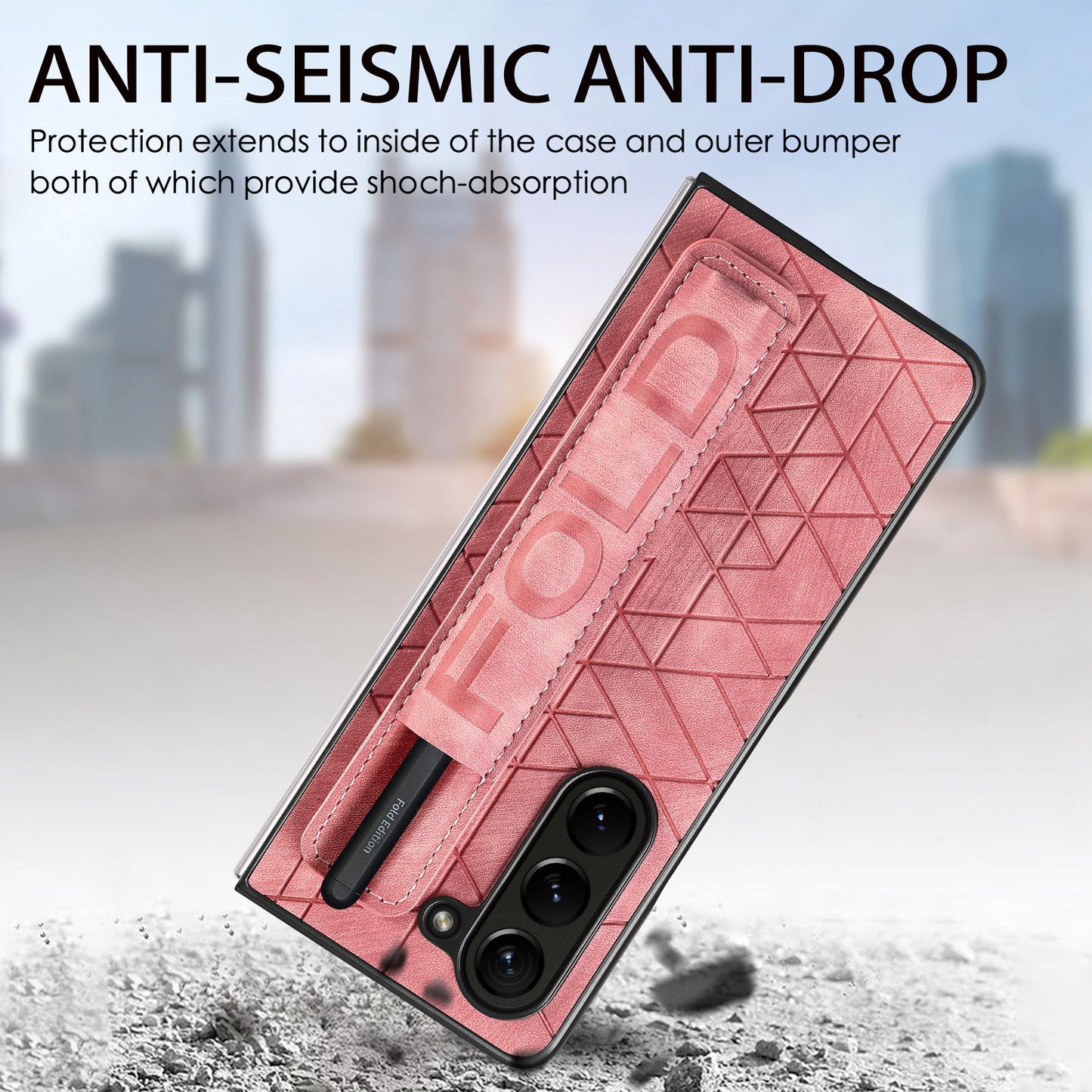 Uniqkart for Samsung Galaxy Z Fold5 5G Phone Case PU Leather+PC Phone Cover with Hand Strap, Pencil Slot - Pink