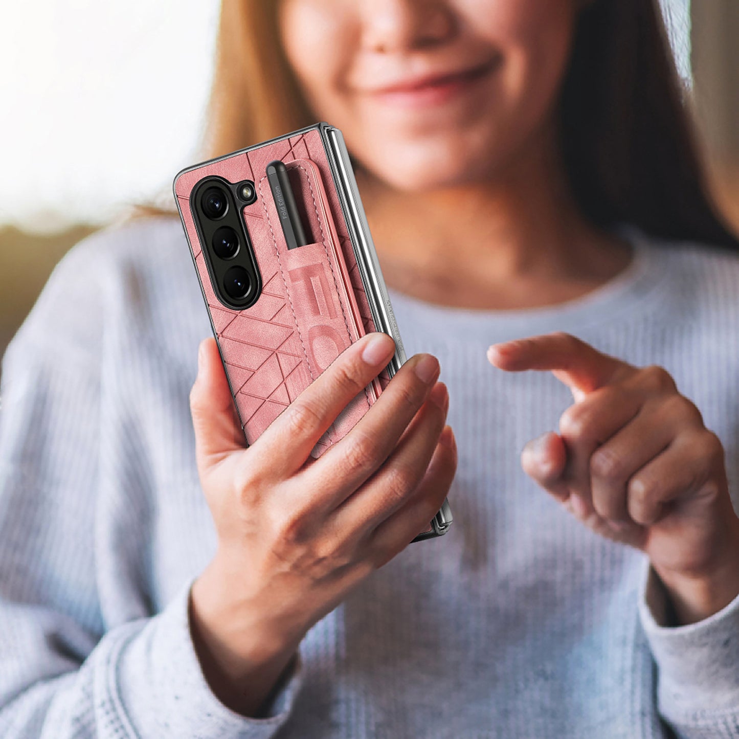 Uniqkart for Samsung Galaxy Z Fold5 5G Phone Case PU Leather+PC Phone Cover with Hand Strap, Pencil Slot - Pink