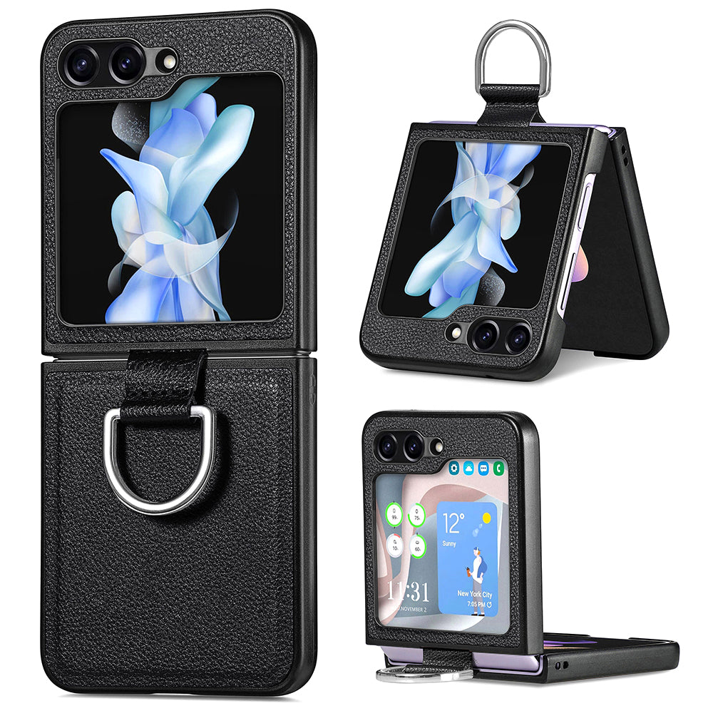 Uniqkart for Samsung Galaxy Z Flip5 5G Kickstand Phone Case Litchi Texture Leather+Hard PC Protective Cover - Black