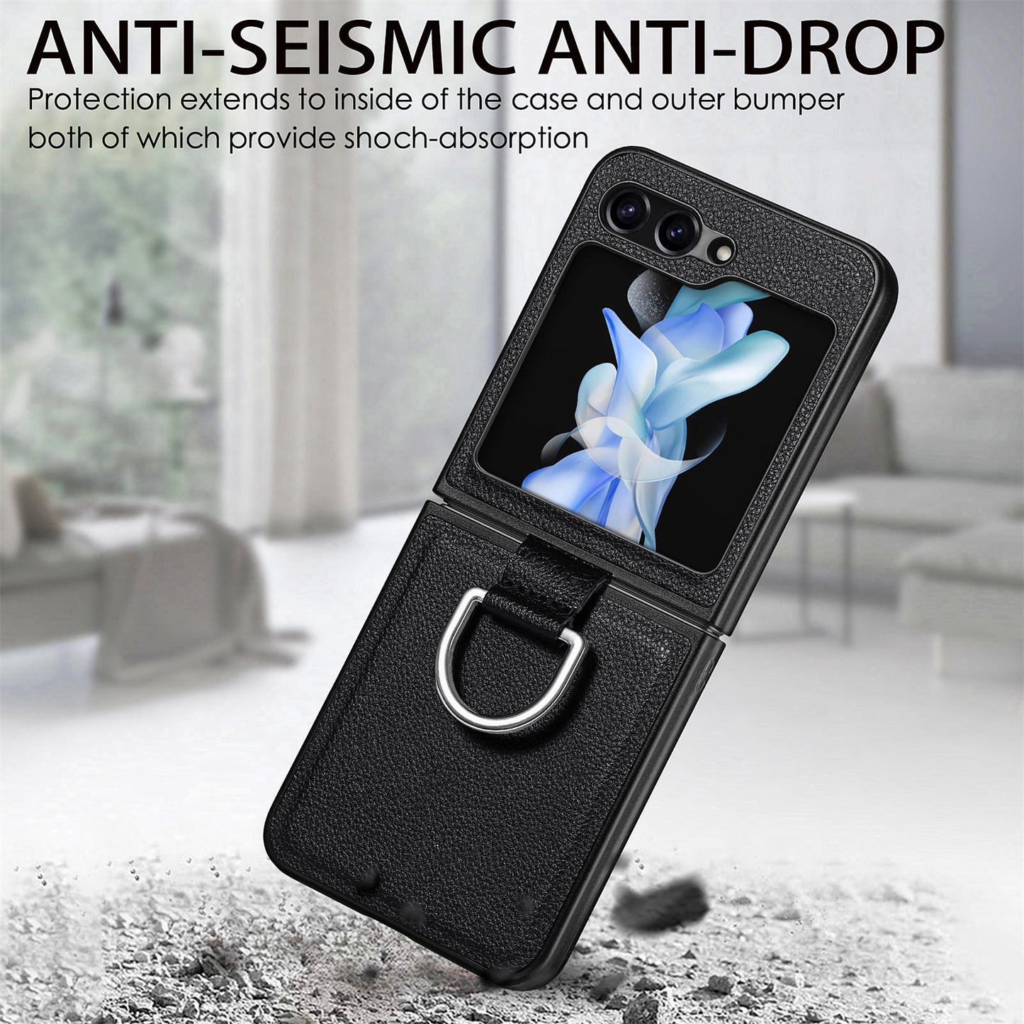 Uniqkart for Samsung Galaxy Z Flip5 5G Kickstand Phone Case Litchi Texture Leather+Hard PC Protective Cover - Black