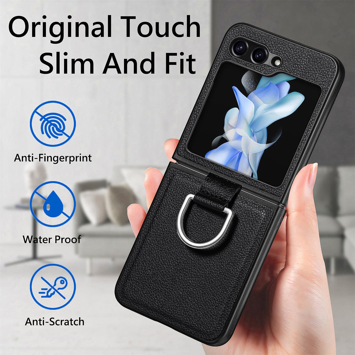 Uniqkart for Samsung Galaxy Z Flip5 5G Kickstand Phone Case Litchi Texture Leather+Hard PC Protective Cover - Black