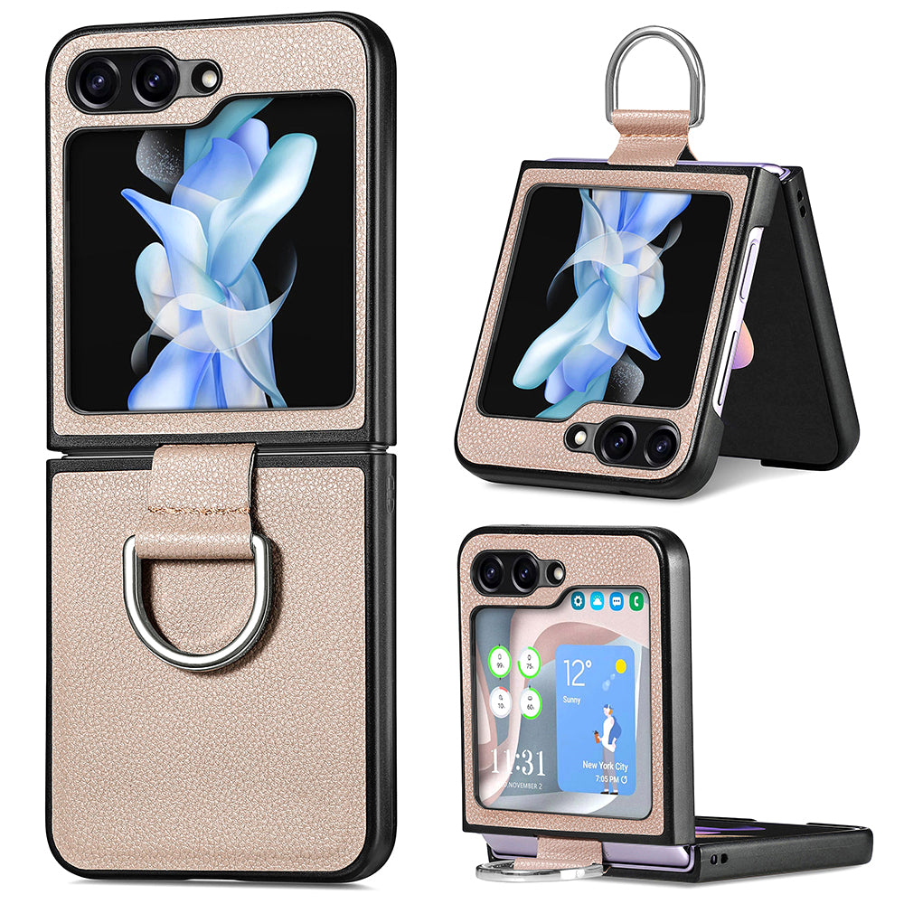 Uniqkart for Samsung Galaxy Z Flip5 5G Kickstand Phone Case Litchi Texture Leather+Hard PC Protective Cover - Grey