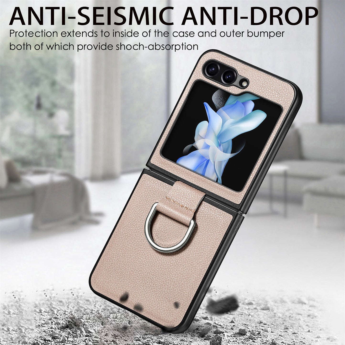 Uniqkart for Samsung Galaxy Z Flip5 5G Kickstand Phone Case Litchi Texture Leather+Hard PC Protective Cover - Grey
