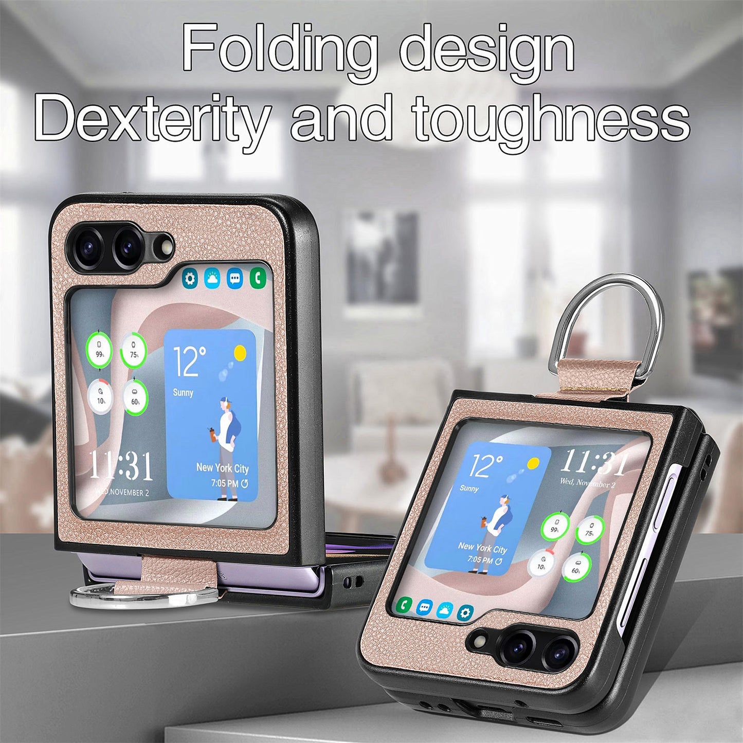 Uniqkart for Samsung Galaxy Z Flip5 5G Kickstand Phone Case Litchi Texture Leather+Hard PC Protective Cover - Grey