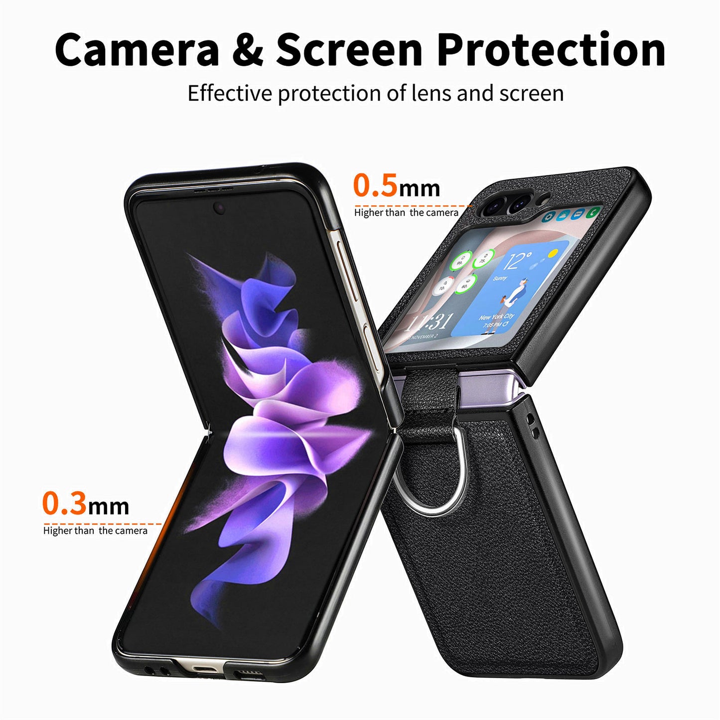 Uniqkart for Samsung Galaxy Z Flip5 5G Kickstand Phone Case Litchi Texture Leather+Hard PC Protective Cover - Grey