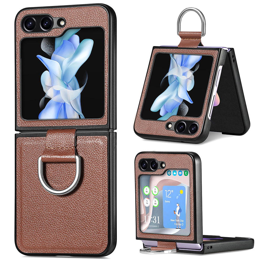 Uniqkart for Samsung Galaxy Z Flip5 5G Kickstand Phone Case Litchi Texture Leather+Hard PC Protective Cover - Brown