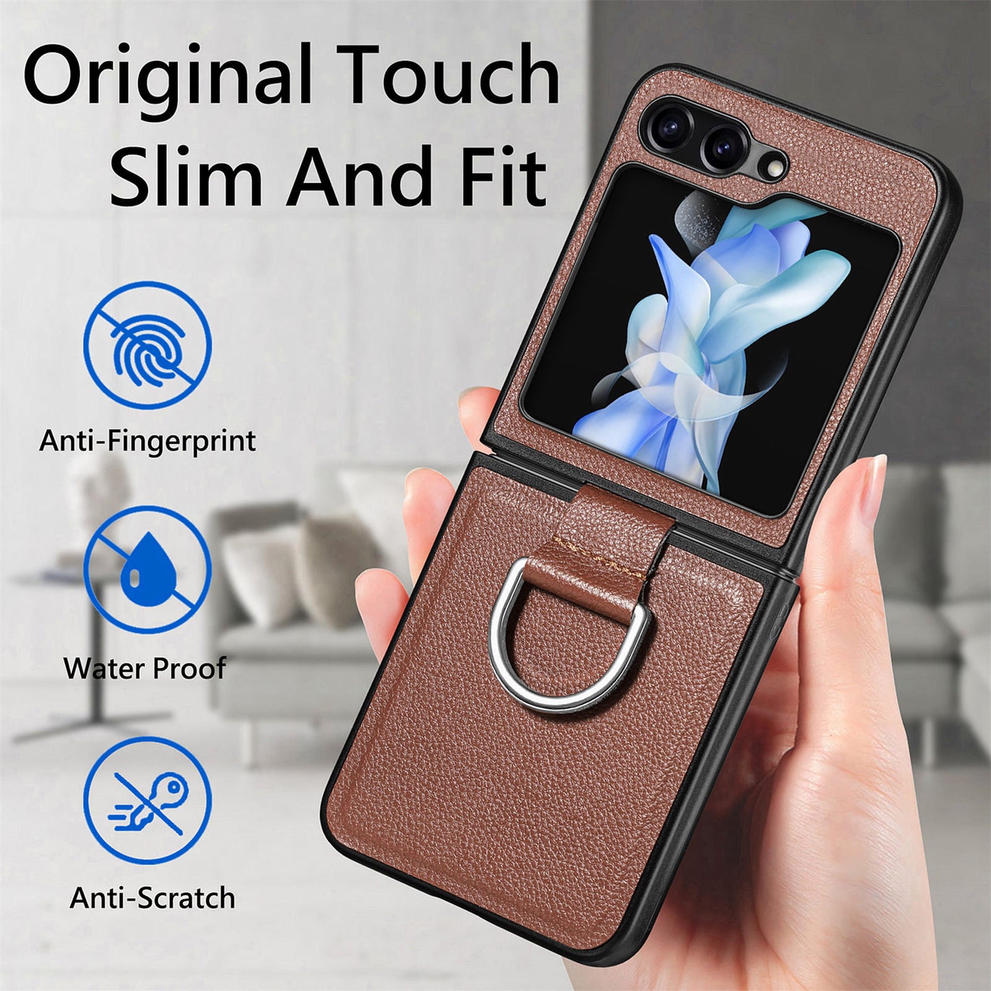 Uniqkart for Samsung Galaxy Z Flip5 5G Kickstand Phone Case Litchi Texture Leather+Hard PC Protective Cover - Brown