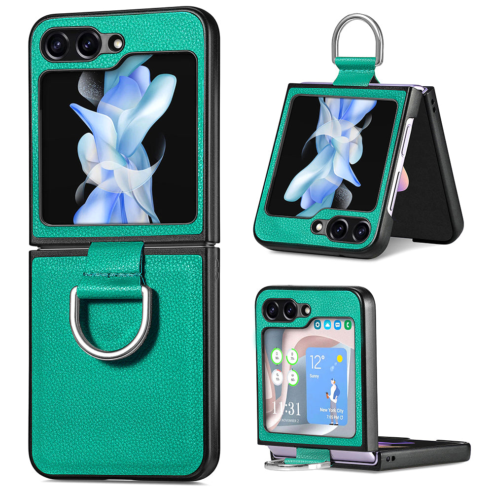 Uniqkart for Samsung Galaxy Z Flip5 5G Kickstand Phone Case Litchi Texture Leather+Hard PC Protective Cover - Green